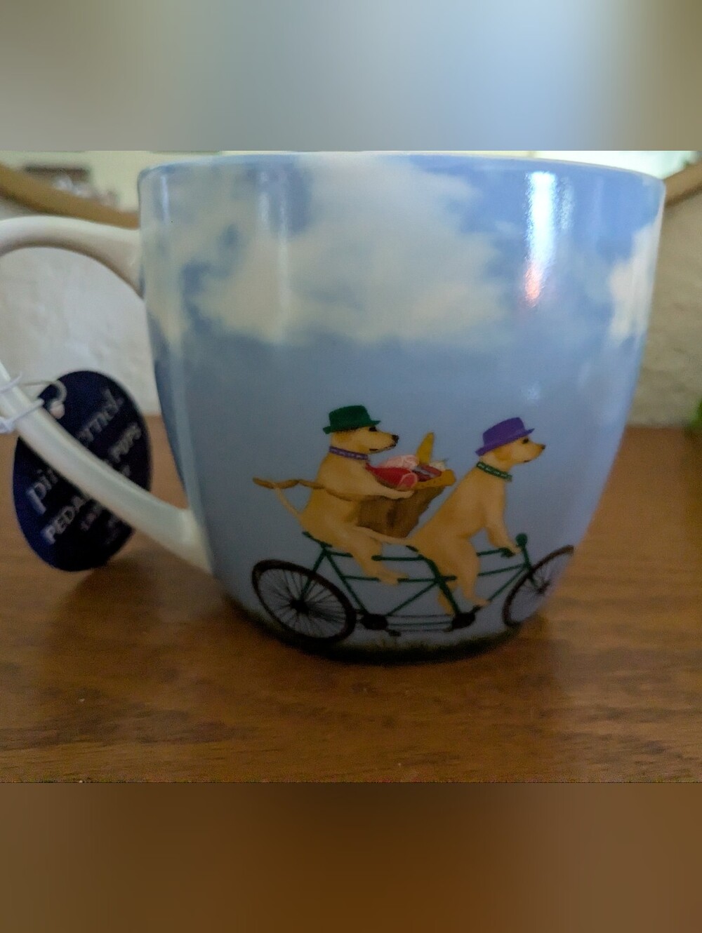 New Pimpernel Pedaling Pups Labrador Dogs 16 Oz Coffee Mug, Porcelain Cup Blue